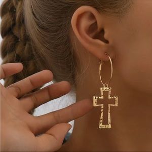 NWT Hammered Golden Cross Hollow Dangle Earrings